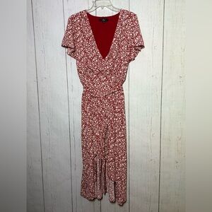 Lulus Red Cream Floral Tie Short Sleeve Spring Casual High Low Dress Size Large